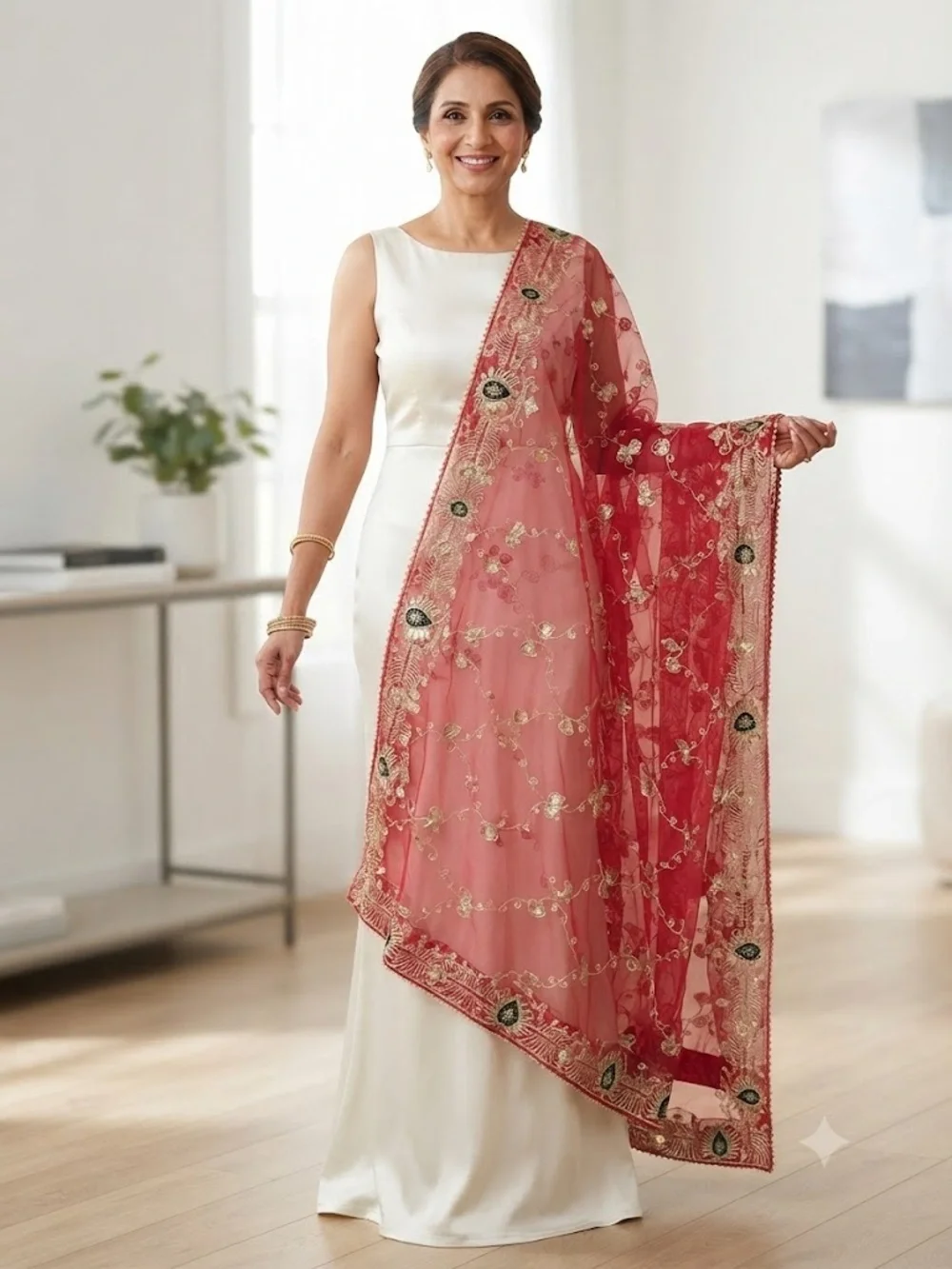 Embroidered Ivory Kurta Set with Maroon Embellished Dupatta